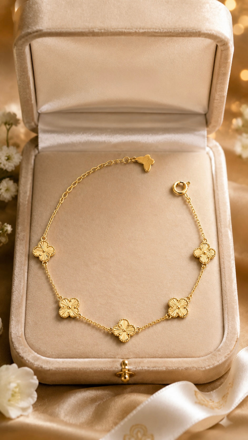 Gold Five Clover Floral Charm Bracelet