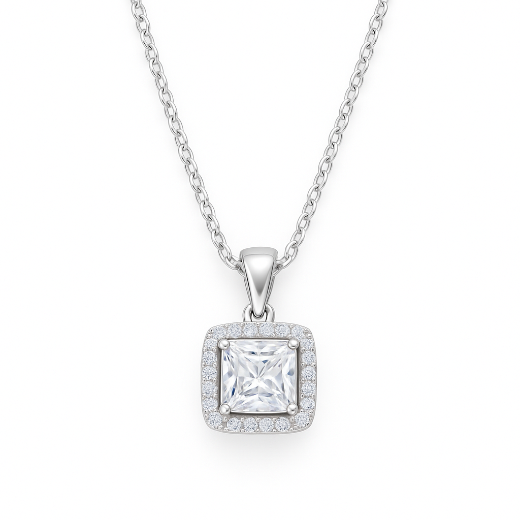 925 Silver Princess Square Halo Pendant Necklace for Women – Sparkling CZ Diamond Shine