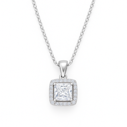 925 Silver Princess Square Halo Pendant Necklace for Women – Sparkling CZ Diamond Shine