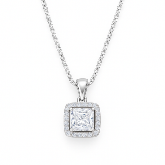 925 Silver Princess Square Halo Pendant Necklace for Women – Sparkling CZ Diamond Shine