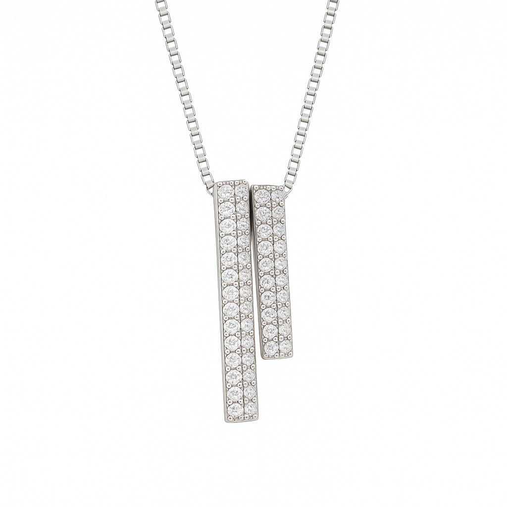 925 Silver Dual Bar Pendant Necklace for Women – Modern CZ Diamond Layered Design