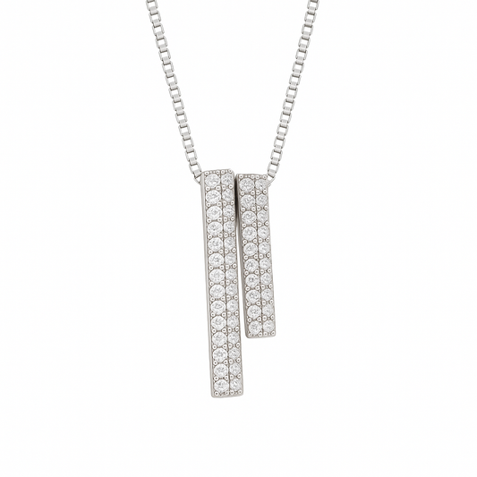 925 Silver Dual Bar Pendant Necklace for Women – Modern CZ Diamond Layered Design
