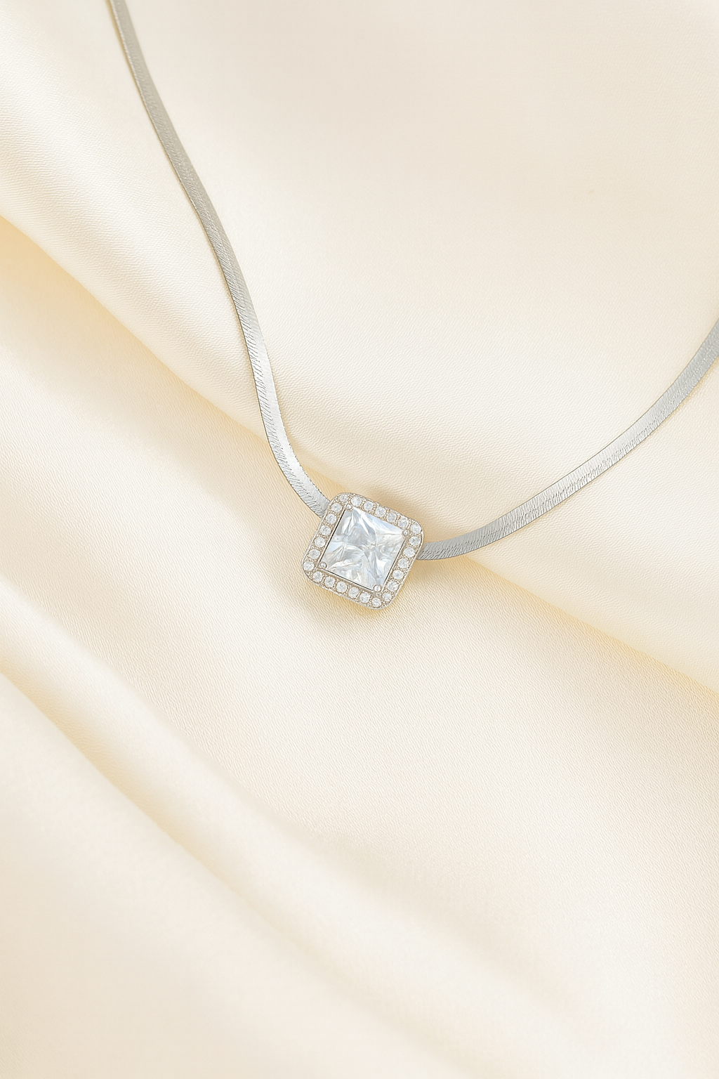 Square Solitaire Zircon Pendant Necklace for Women 925 Silver Finish Elegant Daily and Party Wear Chain
