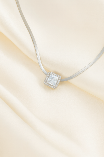 Square Solitaire Zircon Pendant Necklace for Women 925 Silver Finish Elegant Daily and Party Wear Chain