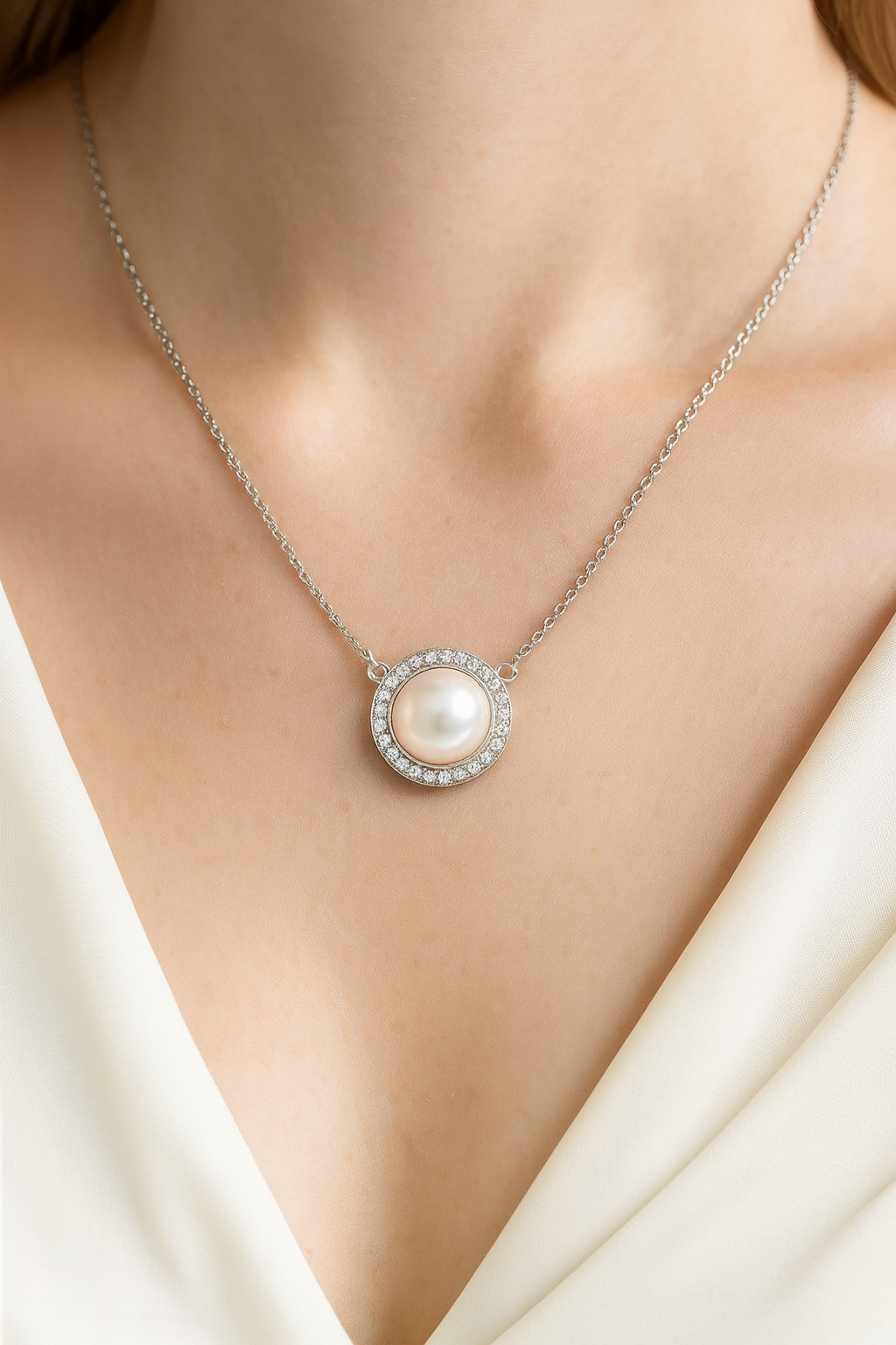 Round Pearl Zircon Pendant Necklace for Women 925 Silver Finish Elegant Daily and Party Wear Chain
