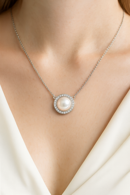 Round Pearl Zircon Pendant Necklace for Women 925 Silver Finish Elegant Daily and Party Wear Chain