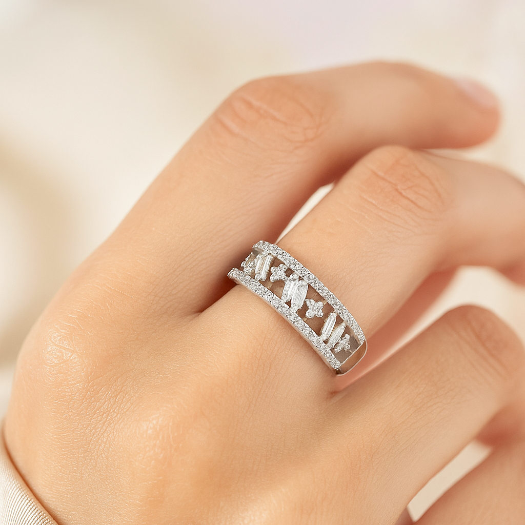 Intricate Baguette Cut Band Ring with Sparkling Detailing