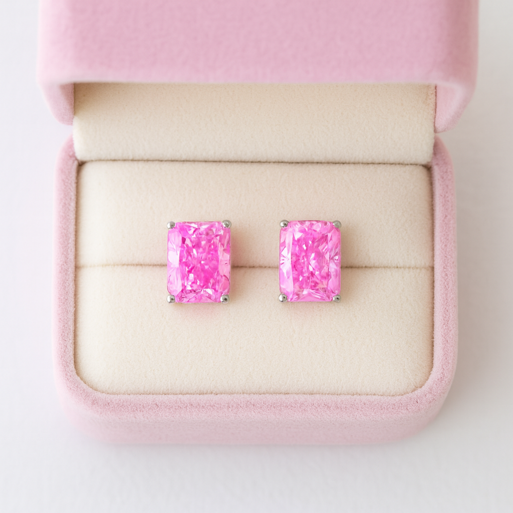 Pink Cushion-Cut Sparkle Stud Earrings for Women