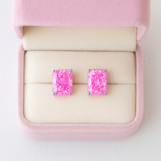 Pink Cushion-Cut Sparkle Stud Earrings for Women