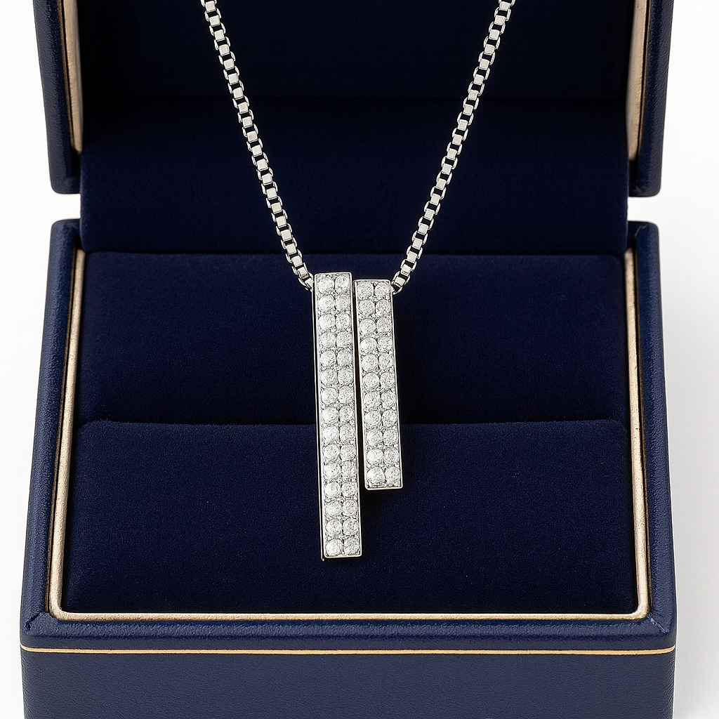 925 Silver Dual Bar Pendant Necklace for Women – Modern CZ Diamond Layered Design