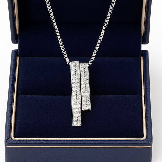 925 Silver Dual Bar Pendant Necklace for Women – Modern CZ Diamond Layered Design