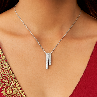 925 Silver Dual Bar Pendant Necklace for Women – Modern CZ Diamond Layered Design