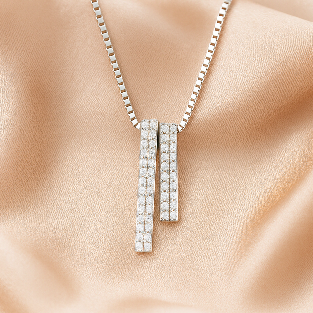 925 Silver Dual Bar Pendant Necklace for Women – Modern CZ Diamond Layered Design