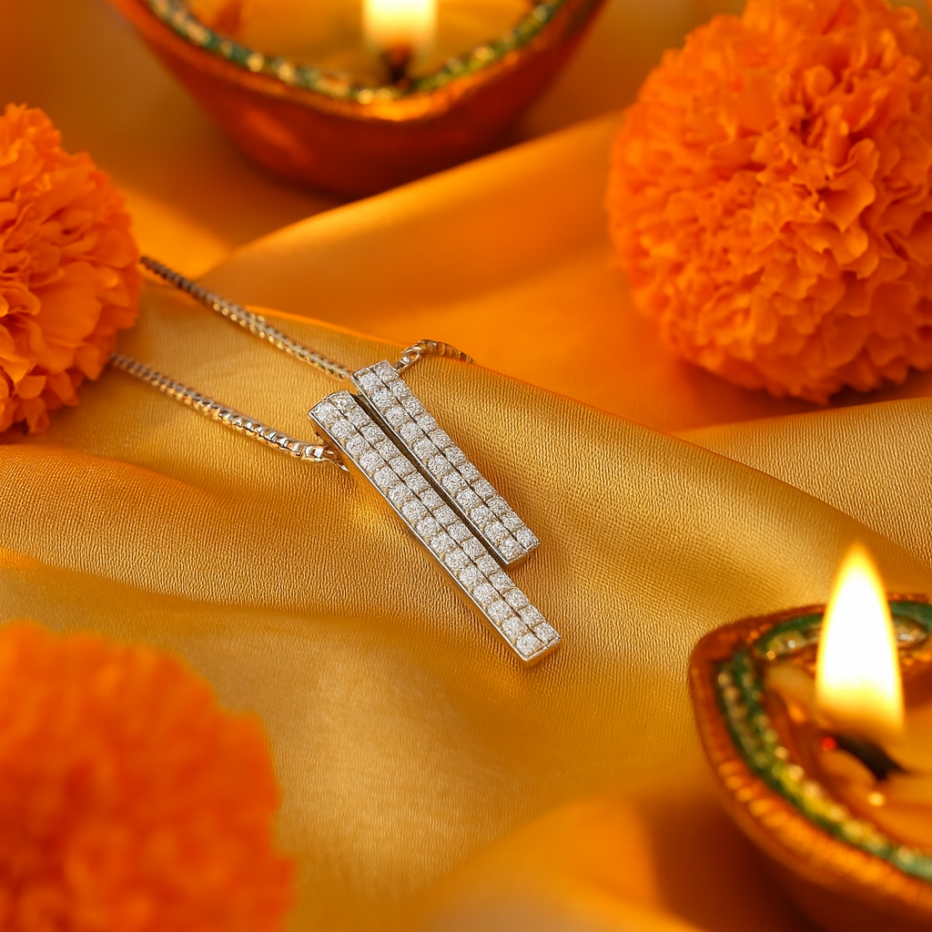 925 Silver Dual Bar Pendant Necklace for Women – Modern CZ Diamond Layered Design