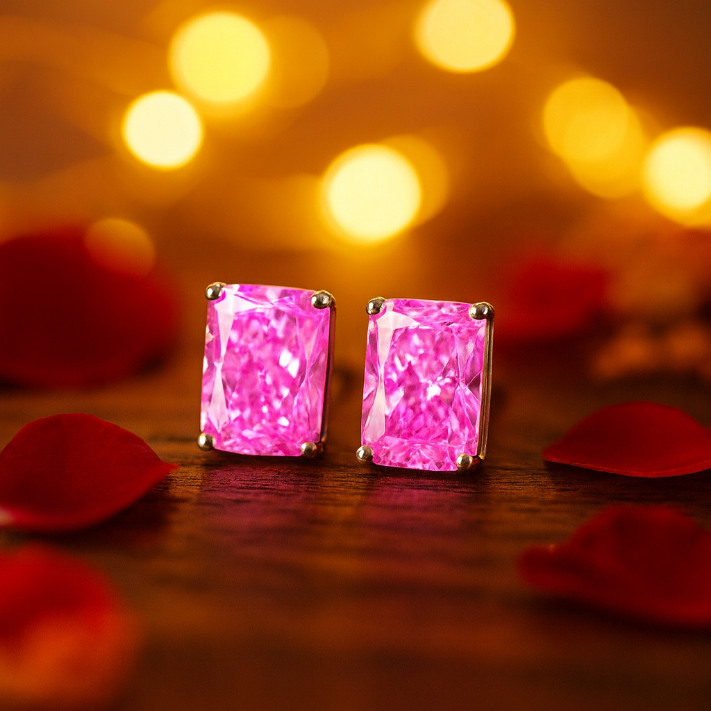 Pink Cushion-Cut Sparkle Stud Earrings for Women
