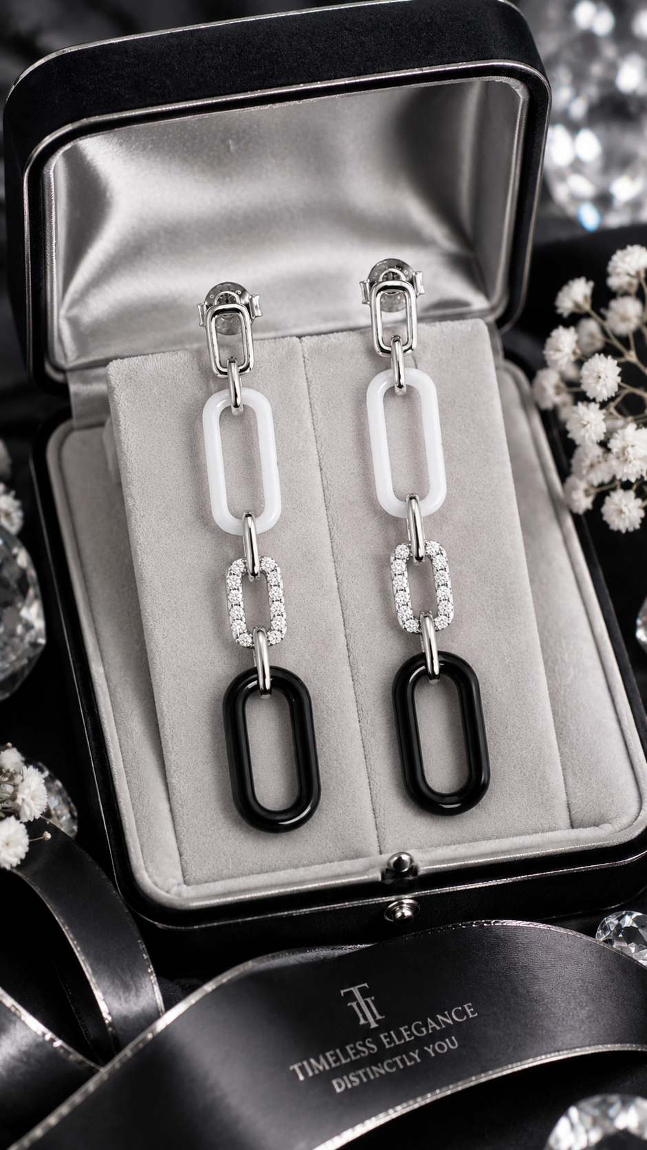 Black & White Geometric Link Long Earrings