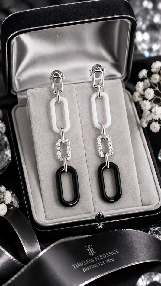 Black & White Geometric Link Long Earrings