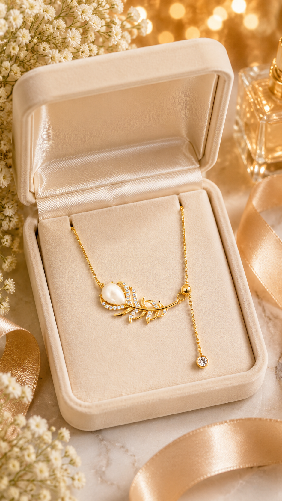 Golden Feather Pearl Necklace