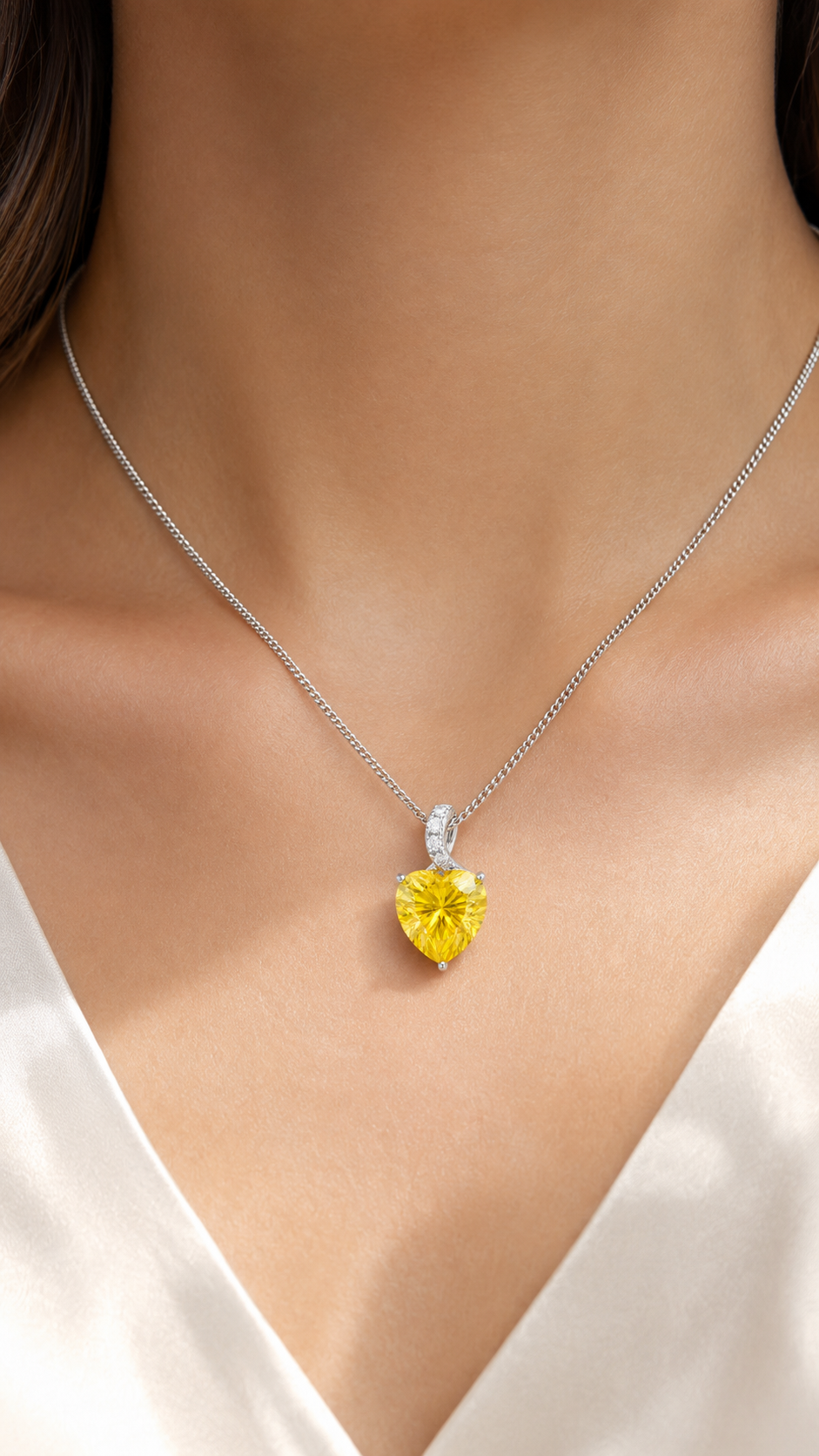 Elegant Silver Yellow Heart Crystal Pendant Necklace