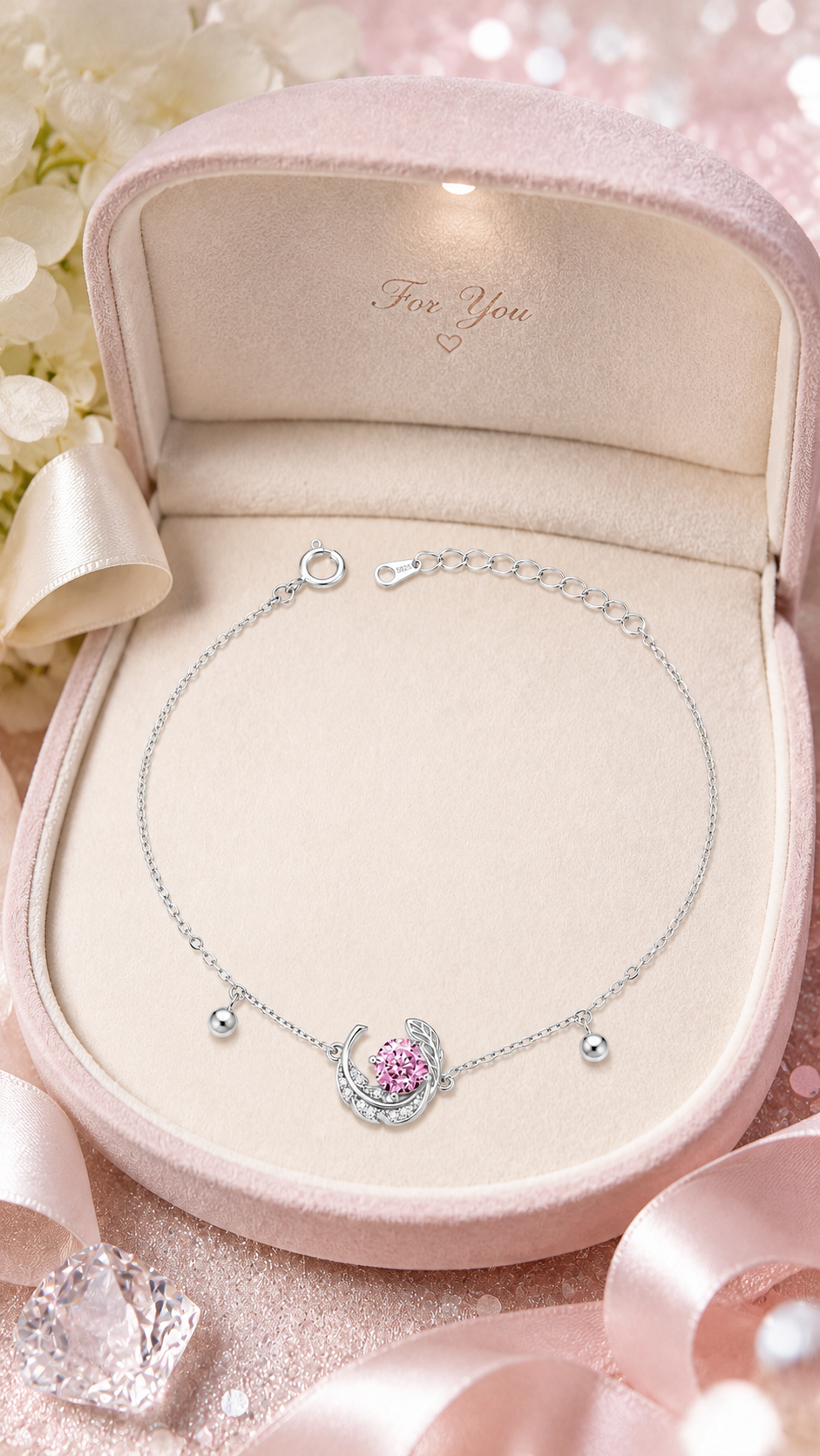 Pink Feather Swirl Charm Bracelet