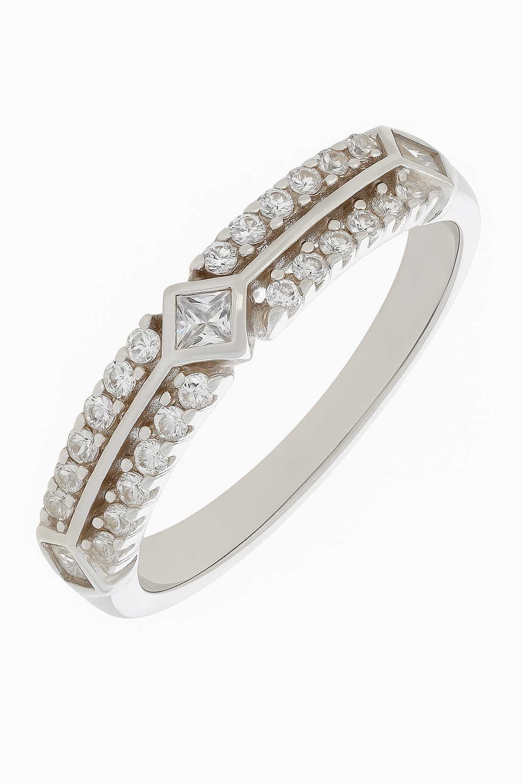 Stylish 925 Silver Dual Row Zircon Band Ring for Women – Elegant Diamond Shape Center Design Finger Ring