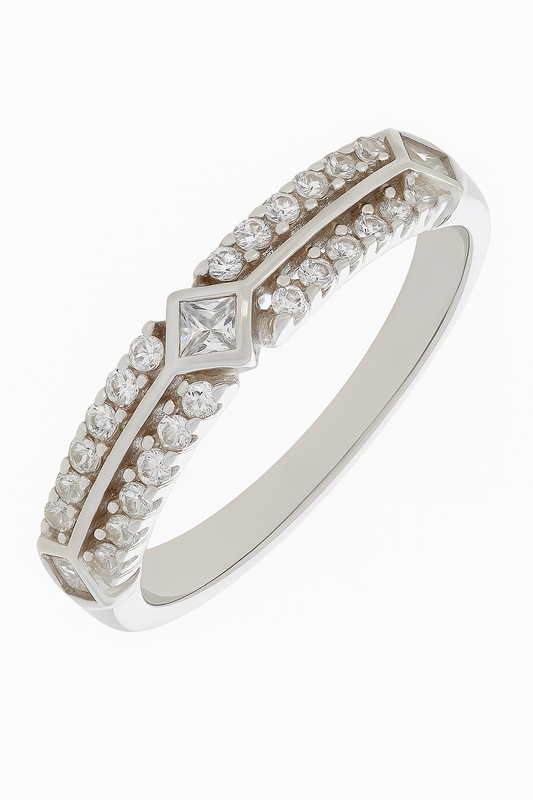 Stylish 925 Silver Dual Row Zircon Band Ring for Women – Elegant Diamond Shape Center Design Finger Ring