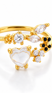 Gold Mother of Pearl Heart Floral Adjustable Ring