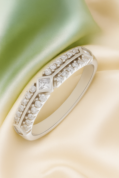 Stylish 925 Silver Dual Row Zircon Band Ring for Women – Elegant Diamond Shape Center Design Finger Ring