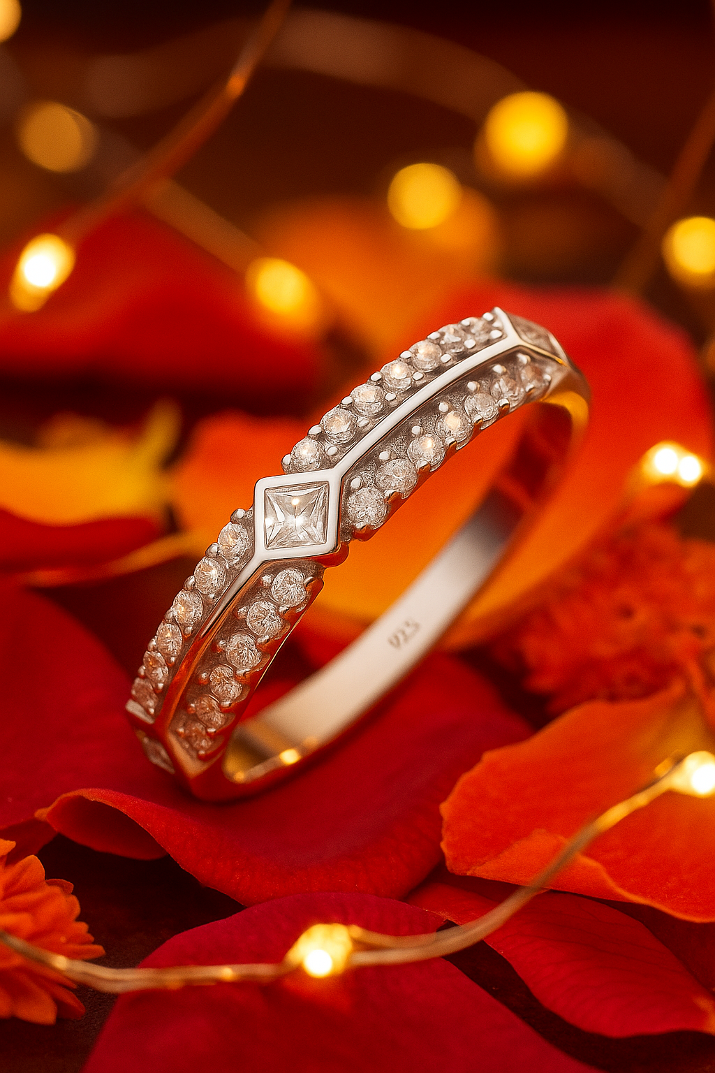 Stylish 925 Silver Dual Row Zircon Band Ring for Women – Elegant Diamond Shape Center Design Finger Ring