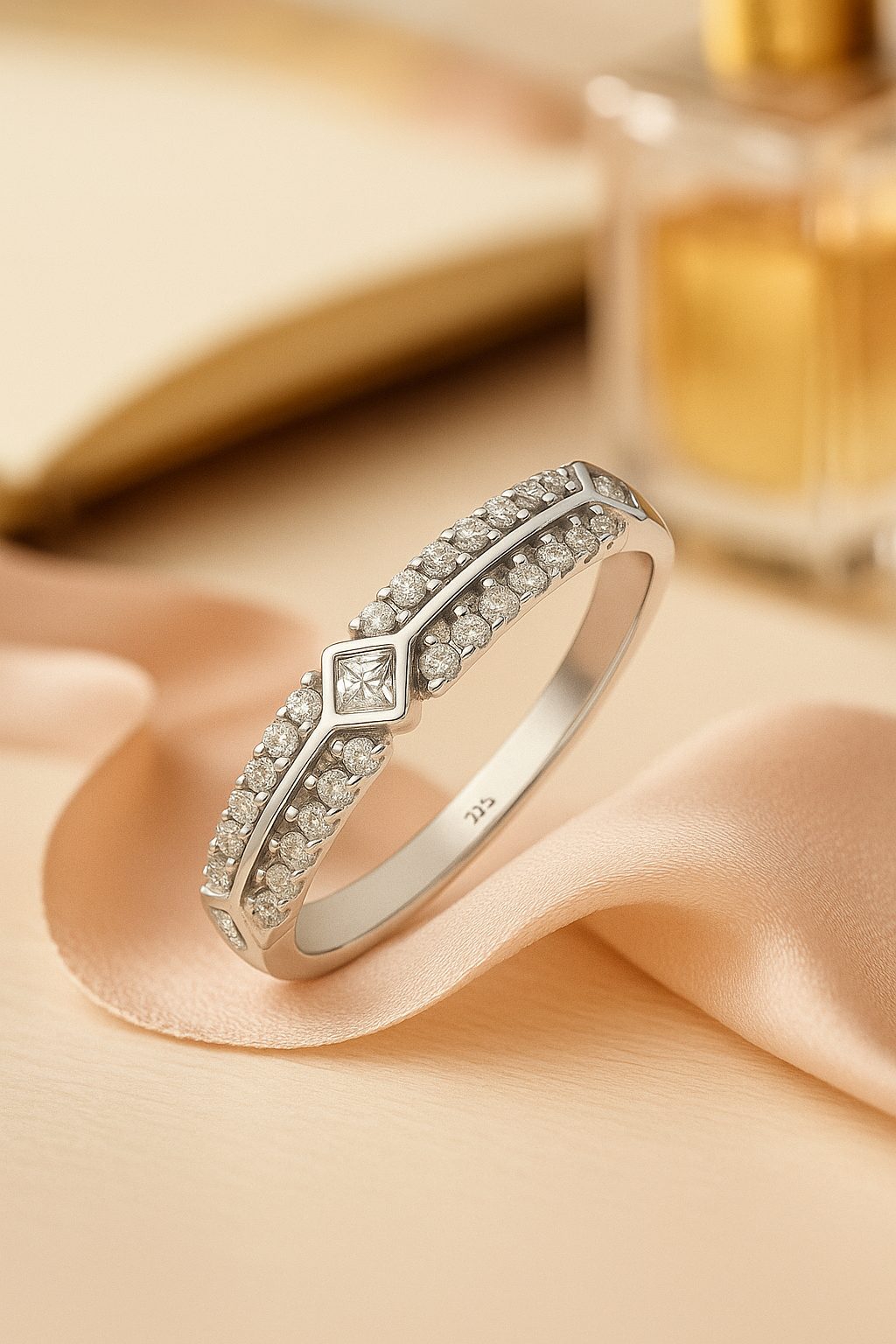 Stylish 925 Silver Dual Row Zircon Band Ring for Women – Elegant Diamond Shape Center Design Finger Ring