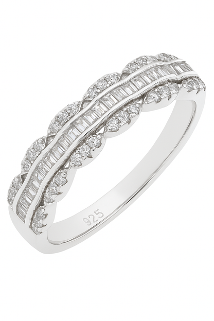 Elegant 925 Silver Baguette & Round Zircon Band Ring for Women – Stylish Dual Row Finger Ring for Party & Daily Wear