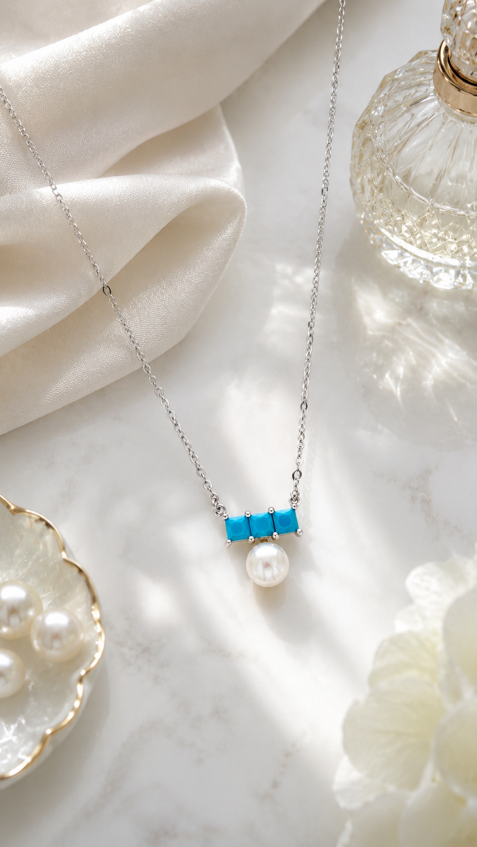 Elegant Silver Turquoise Pearl Pendant Necklace