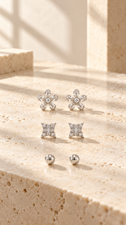 Five Petal Flower, Star Ball Stud Earrings Set – 3 Pairs - Aaryahi Silver jewellery product photo
