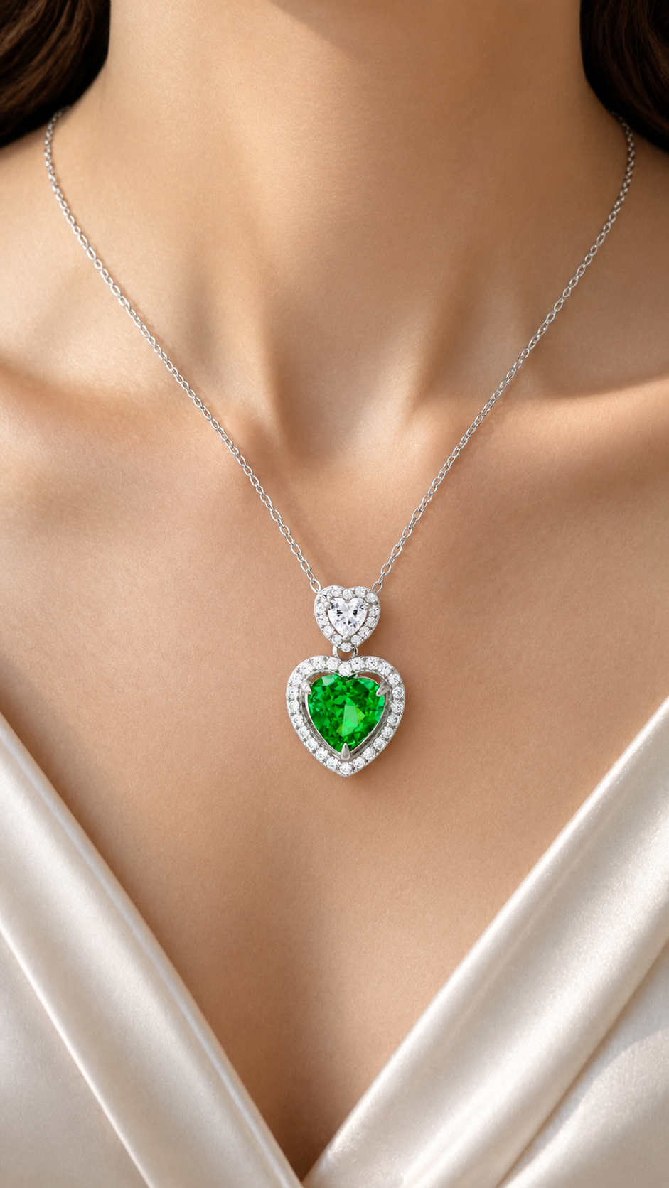 Elegant Silver Green Heart Halo Pendant Necklace