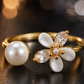 Gold Pearl & Flower Open Adjustable Ring