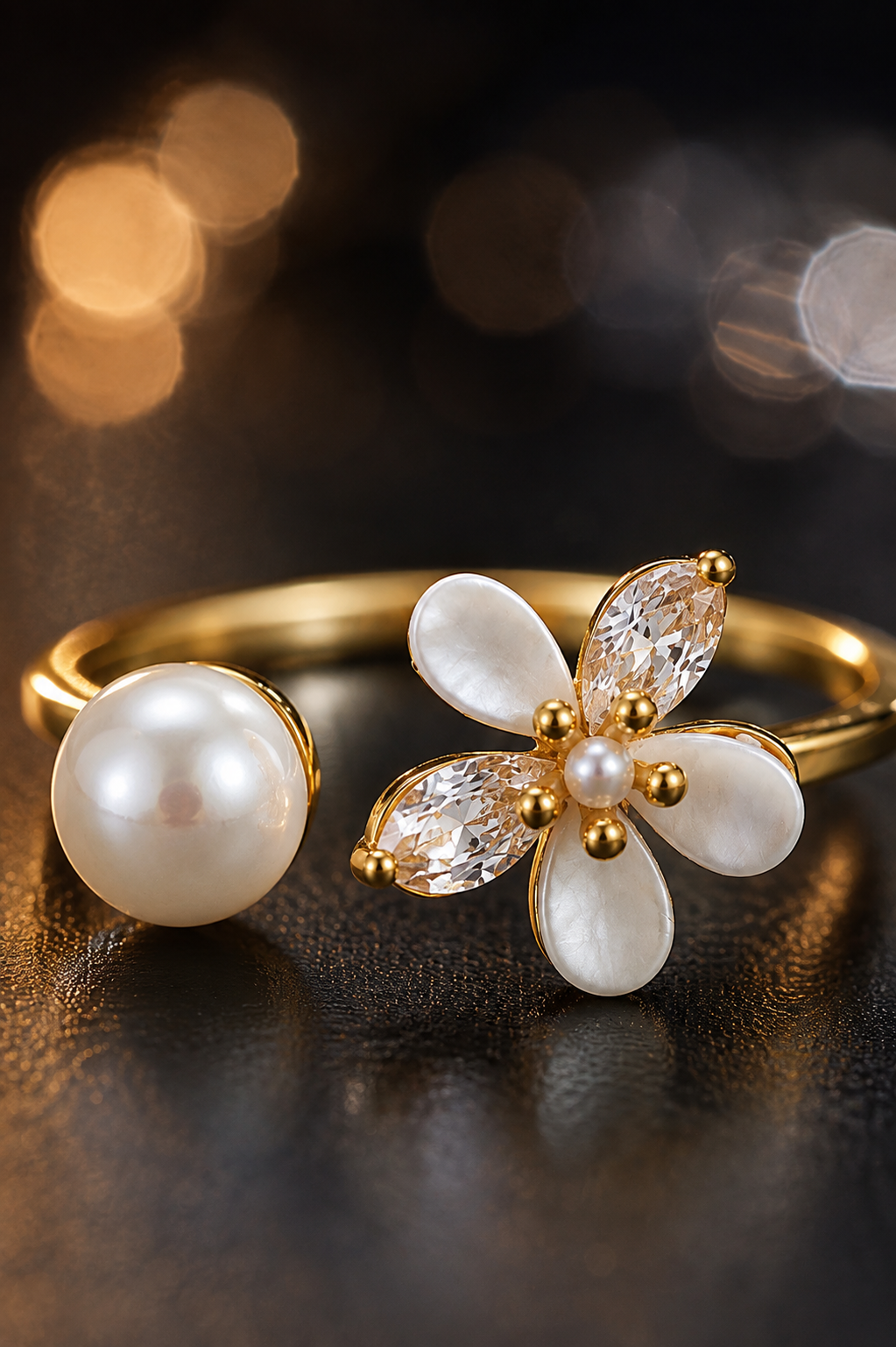Gold Pearl & Flower Open Adjustable Ring