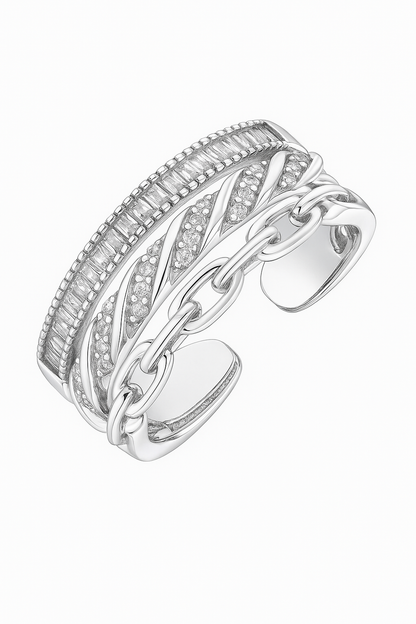 Trendy 925 Silver Adjustable Chain Design Ring for Women – Baguette & Zircon Layered Statement Finger Ring