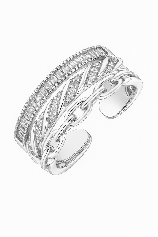 Trendy 925 Silver Adjustable Chain Design Ring for Women – Baguette & Zircon Layered Statement Finger Ring
