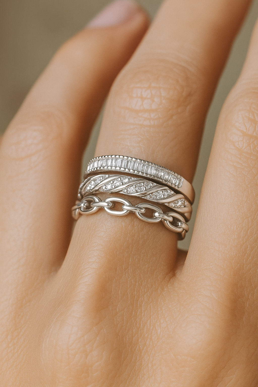 Trendy 925 Silver Adjustable Chain Design Ring for Women – Baguette & Zircon Layered Statement Finger Ring