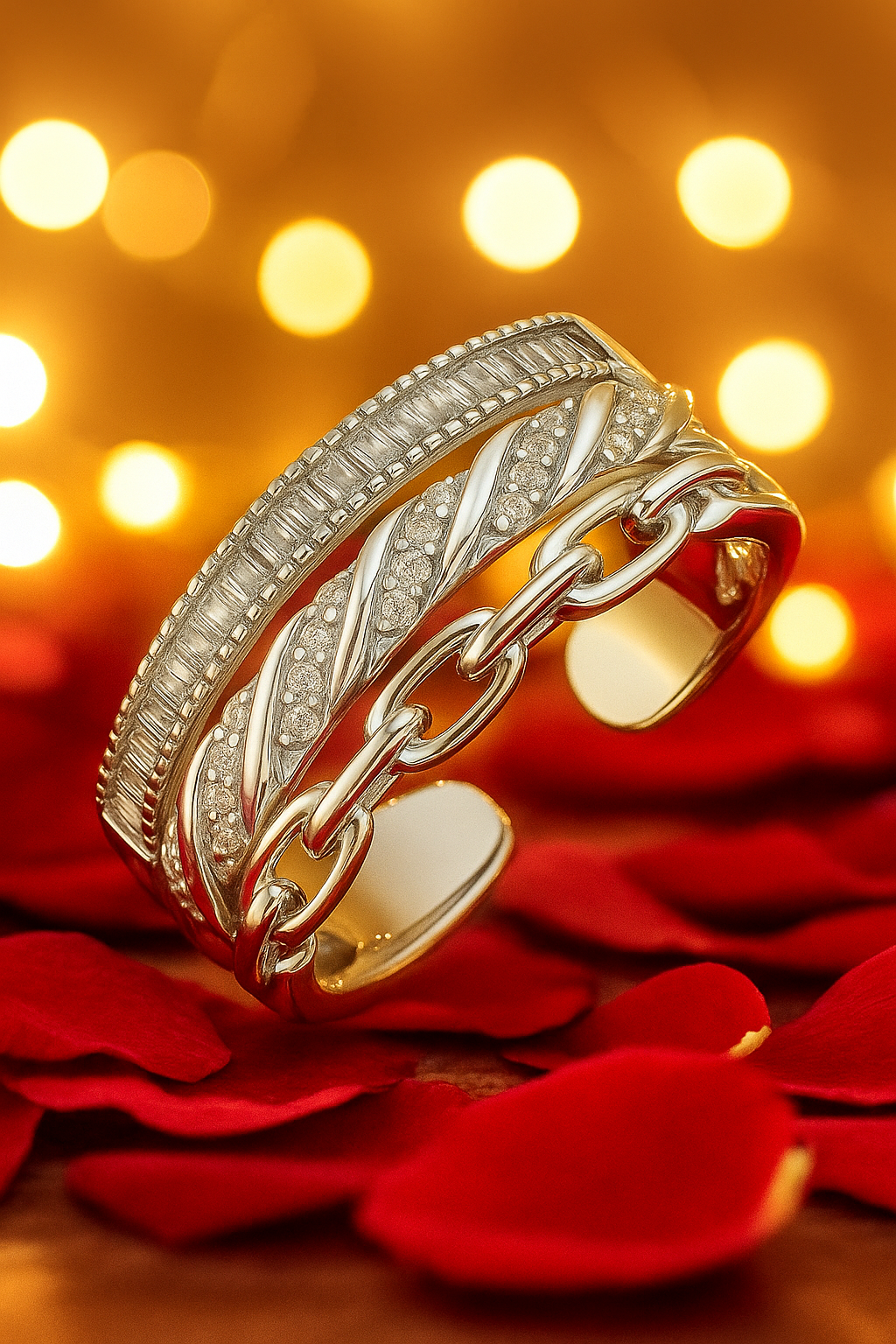 Trendy 925 Silver Adjustable Chain Design Ring for Women – Baguette & Zircon Layered Statement Finger Ring