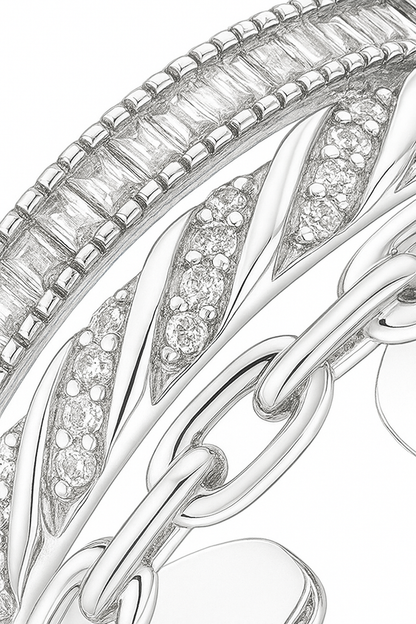 Trendy 925 Silver Adjustable Chain Design Ring for Women – Baguette & Zircon Layered Statement Finger Ring