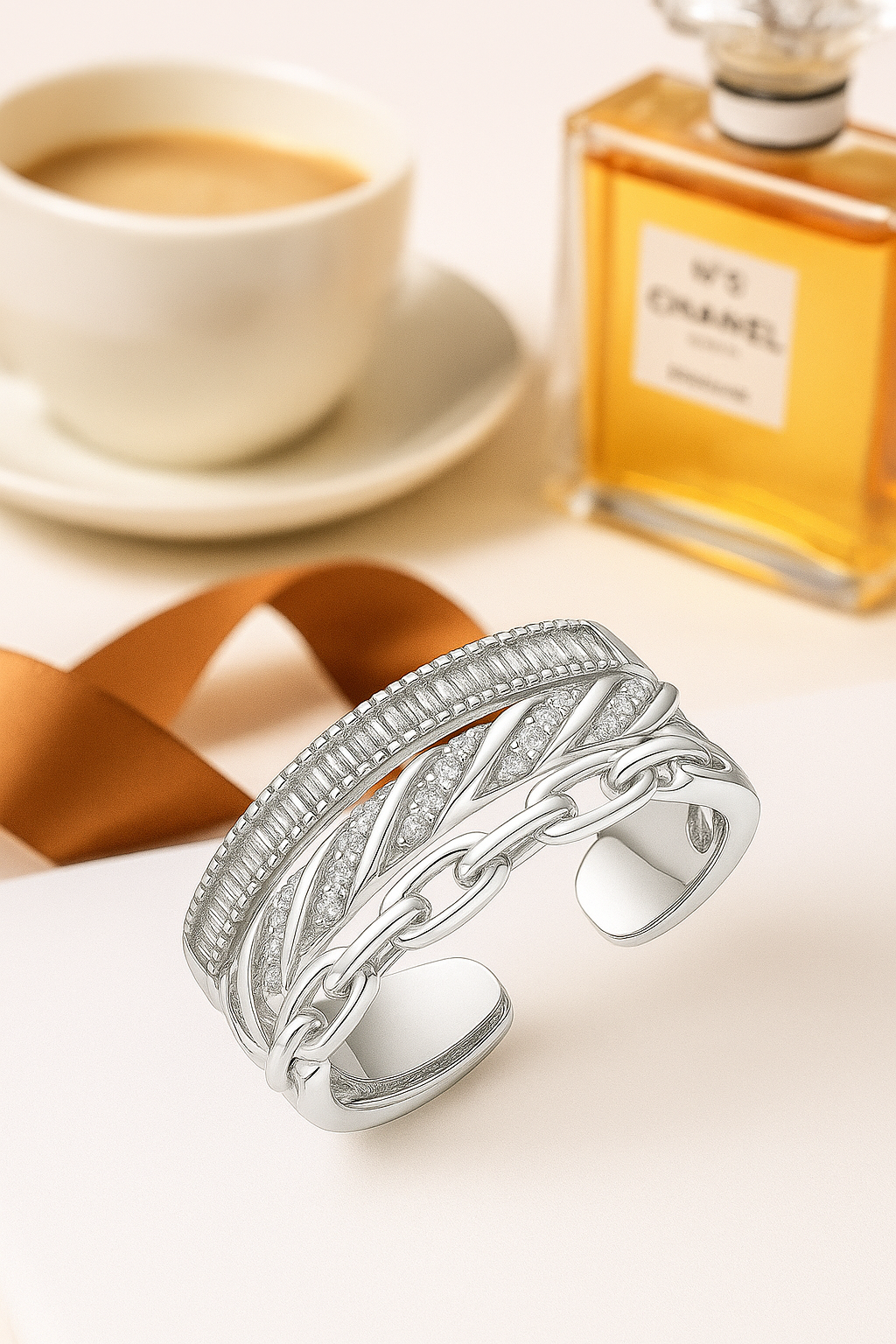 Trendy 925 Silver Adjustable Chain Design Ring for Women – Baguette & Zircon Layered Statement Finger Ring