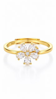 Gold 925 Sterling Silver Floral CZ Adjustable Ring |