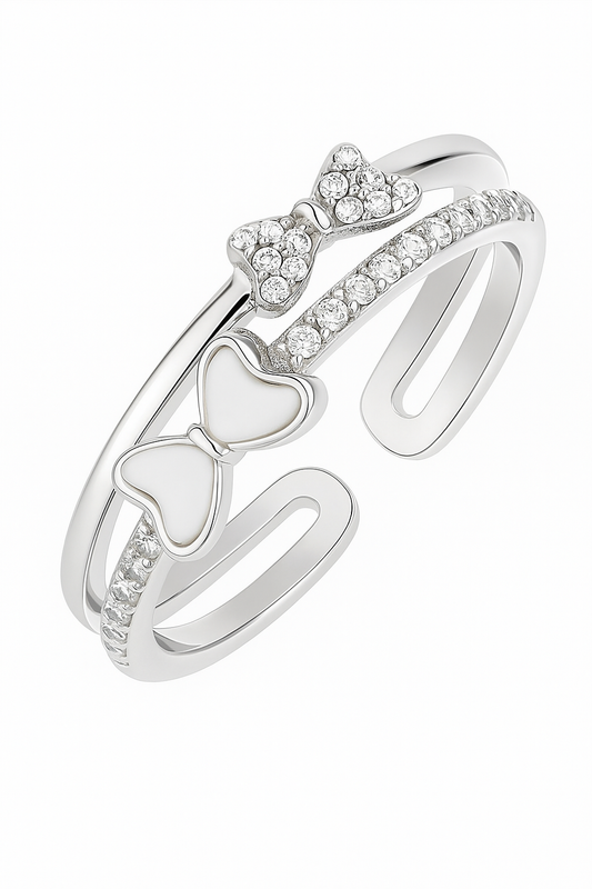 Cute 925 Silver Adjustable Double Bow Ring for Women – Enamel & Zircon Studded Open Finger Ring