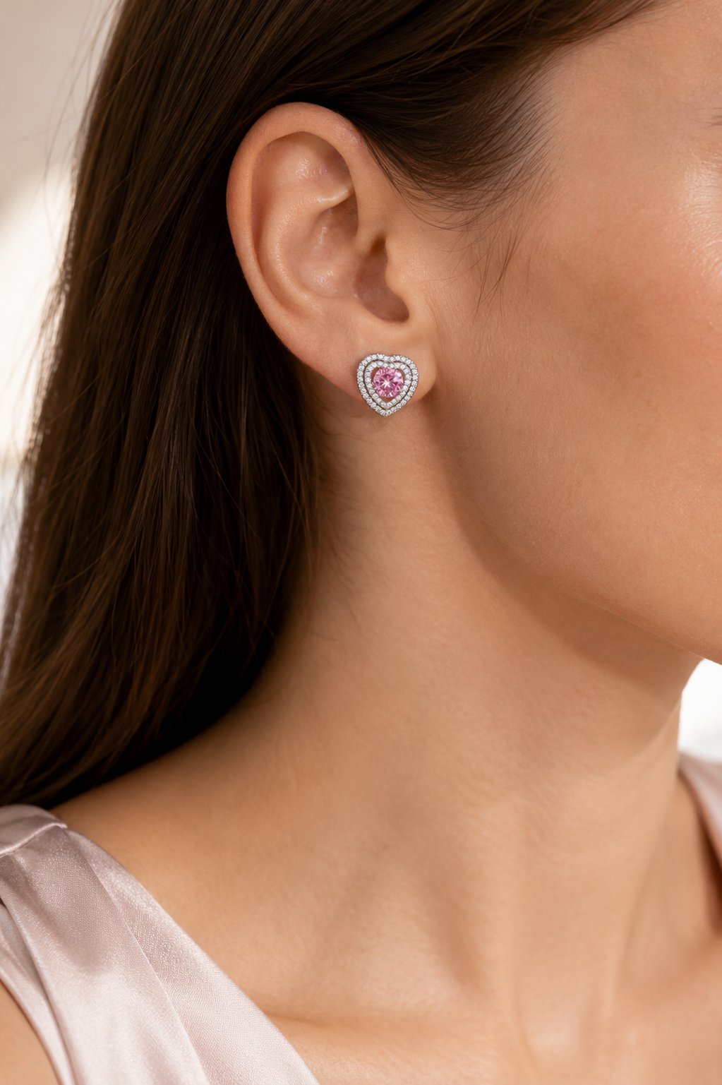 Silver Pink Heart Earrings