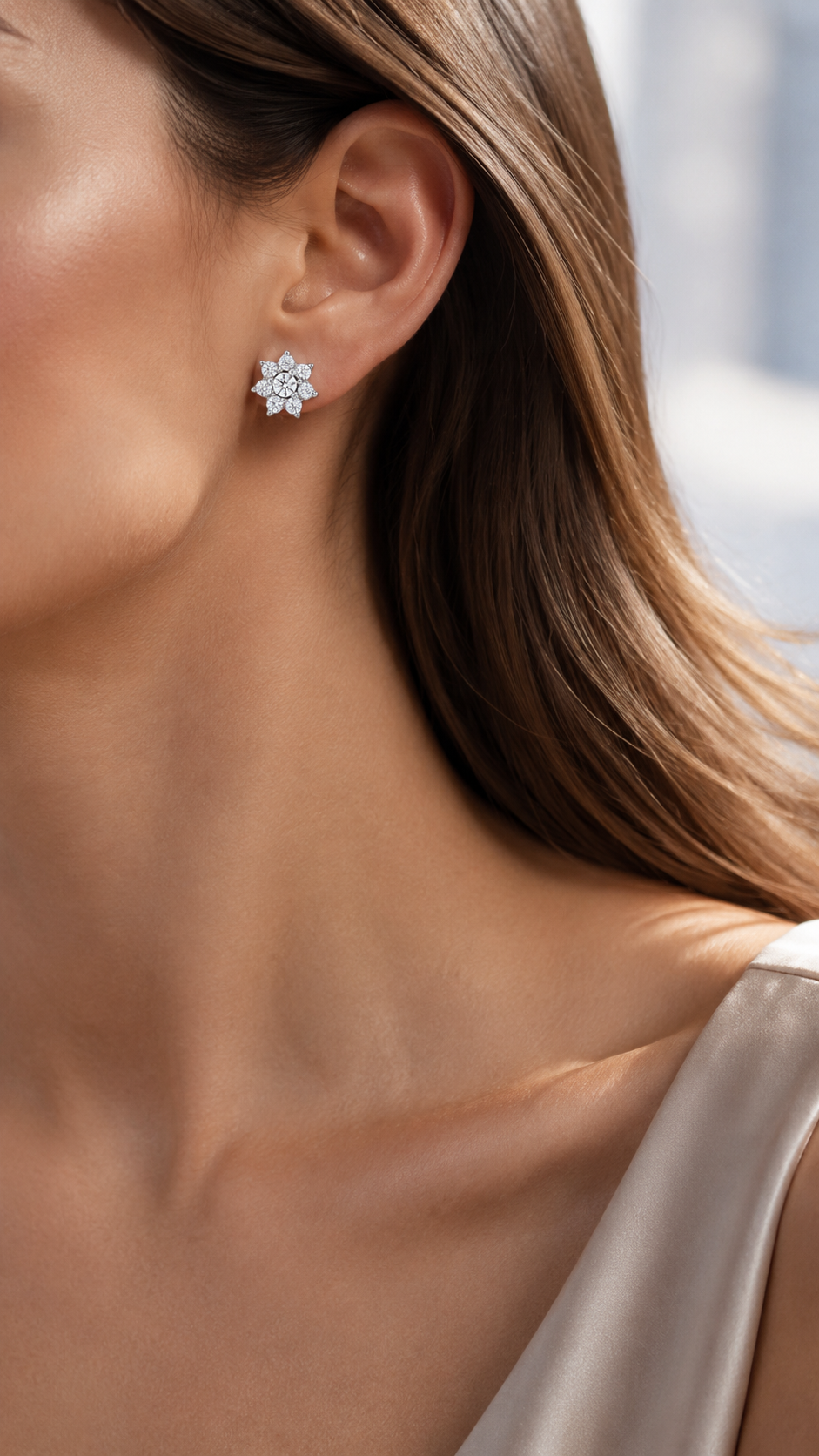 Silver CZ Floral Cluster Stud Earrings for Women