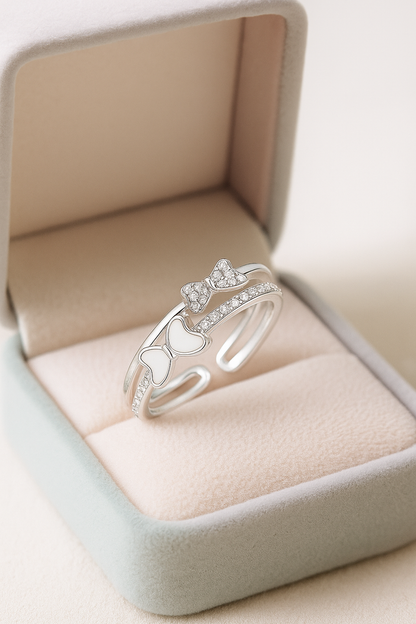 Cute 925 Silver Adjustable Double Bow Ring for Women – Enamel & Zircon Studded Open Finger Ring