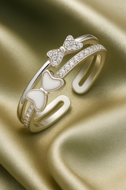 Cute 925 Silver Adjustable Double Bow Ring for Women – Enamel & Zircon Studded Open Finger Ring
