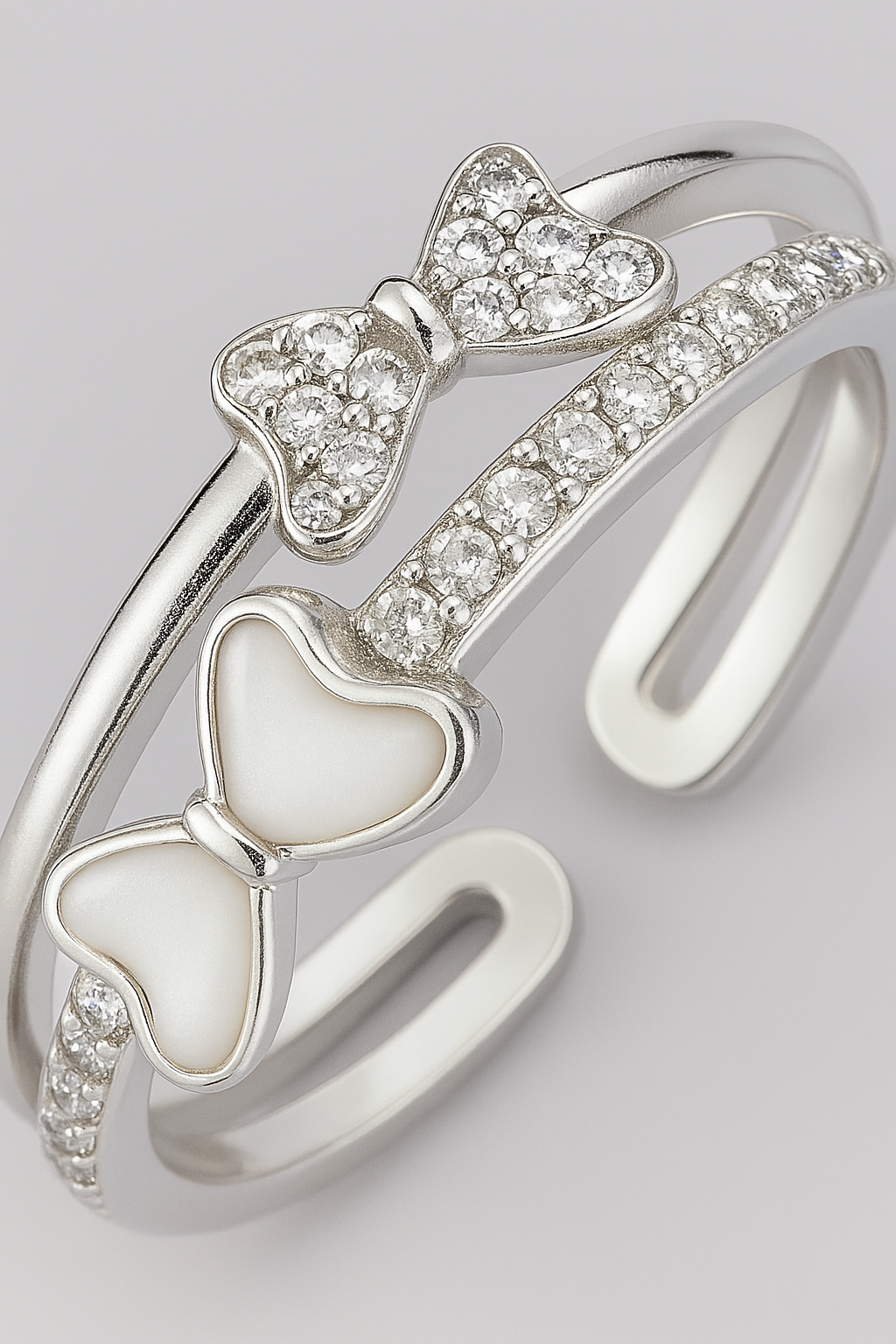 Cute 925 Silver Adjustable Double Bow Ring for Women – Enamel & Zircon Studded Open Finger Ring