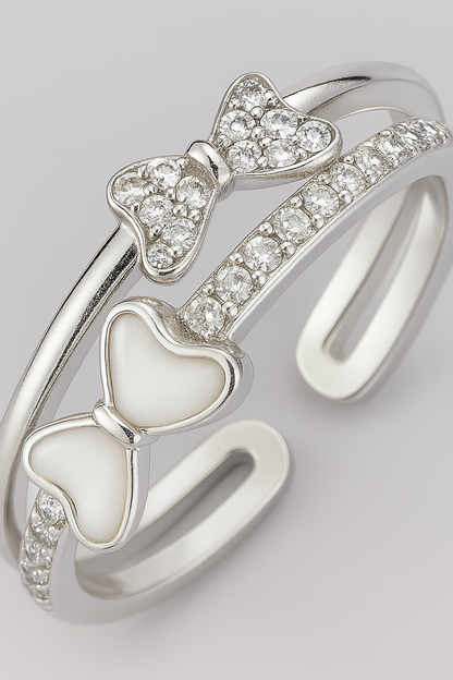 Cute 925 Silver Adjustable Double Bow Ring for Women – Enamel & Zircon Studded Open Finger Ring